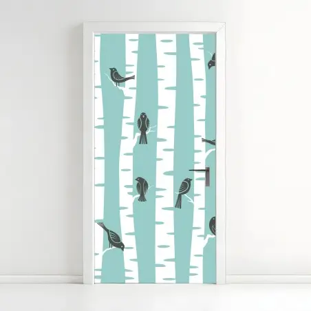 Adesivo per porta betulle e uccellini in stile nordico • Wallissimo®