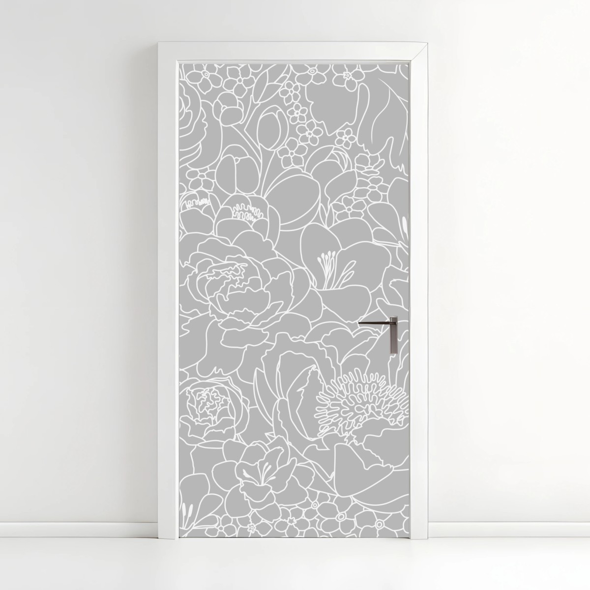 Adesivo per porta motivo floreale moderno in bianco e grigio • Wallissimo®
