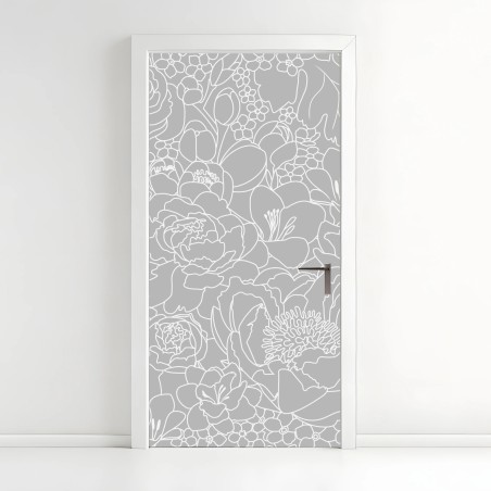 Adesivo per porta motivo floreale moderno in bianco e grigio • Wallissimo®
