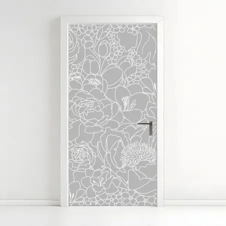 Adesivo per porta motivo floreale moderno in bianco e grigio • Wallissimo®