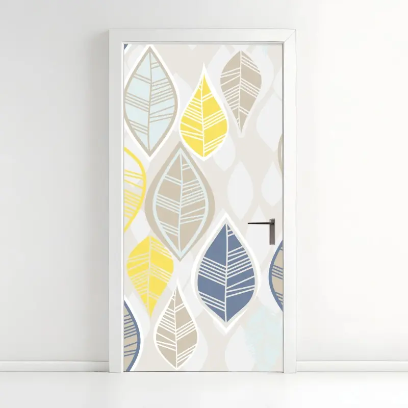 Adesivo per porta motivo di foglie moderne in tonalità pastello