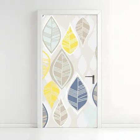 Adesivo per porta motivo di foglie moderne in tonalità pastello • Wallissimo®