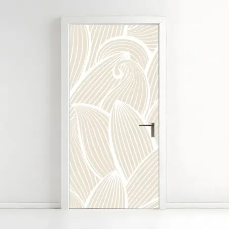 Adesivo per porta motivo a foglie minimalista beige e bianco • Wallissimo®