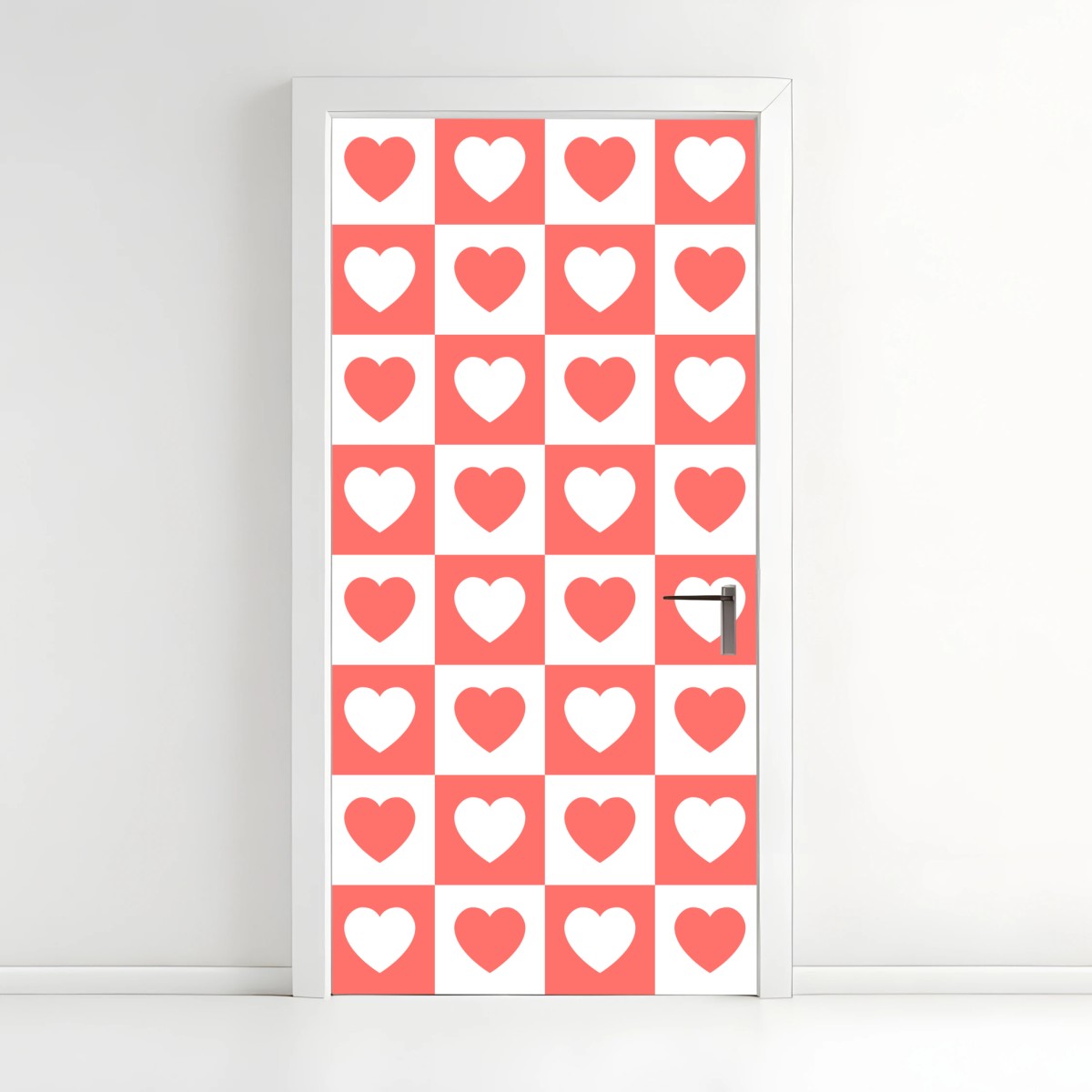 Adesivo per porta motivo a scacchi con cuori rosa • Wallissimo®