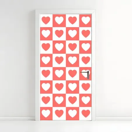 Adesivo per porta motivo a scacchi con cuori rosa • Wallissimo®