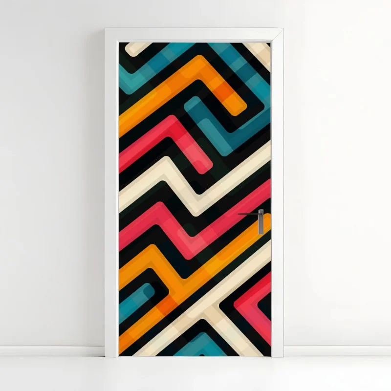 Adesivo per porta motivo geometrico colorato in stile retrò
