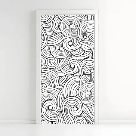 Adesivo per porta onde astratte a spirale in bianco e nero • Wallissimo®