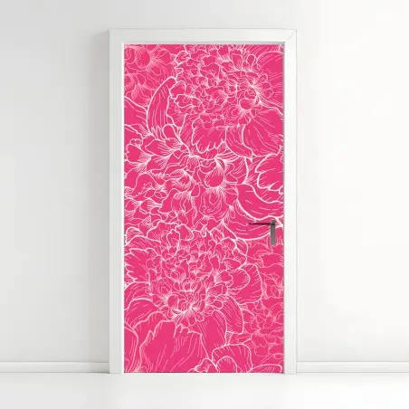 Adesivo per porta motivo floreale rosa intenso con peonie • Wallissimo®