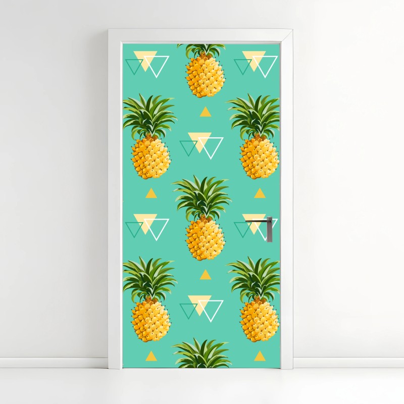 Adesivo per porta motivo ananas tropicale su sfondo turchese