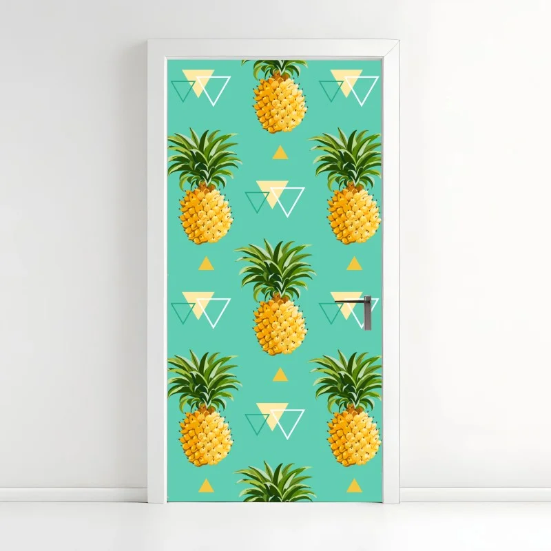 Adesivo per porta motivo ananas tropicale su sfondo turchese
