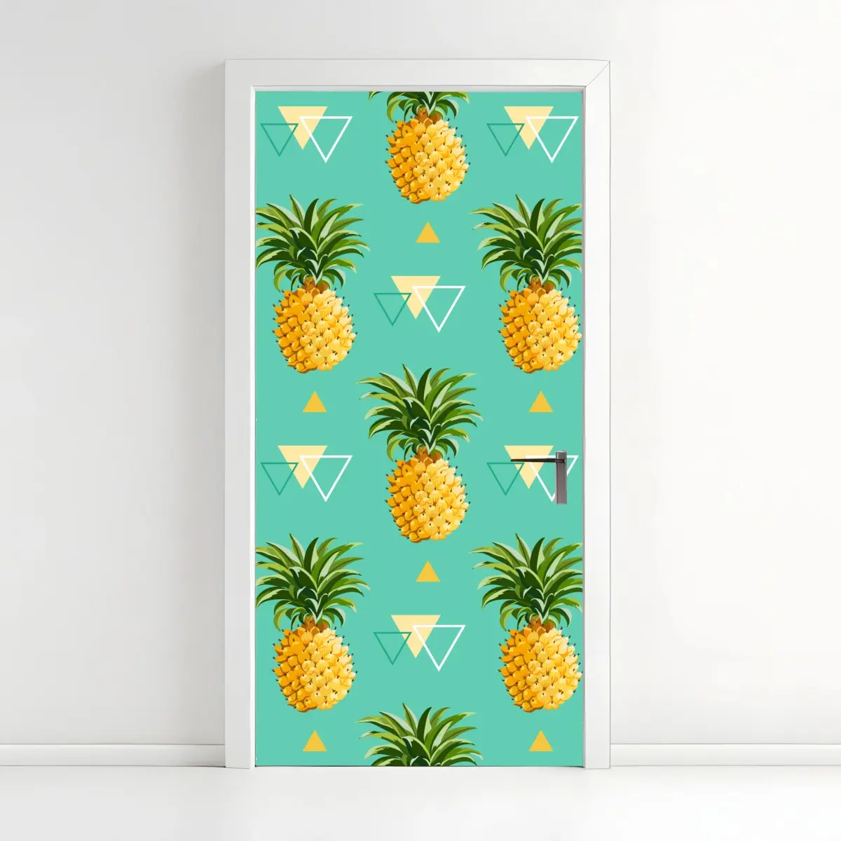 Adesivo per porta motivo ananas tropicale su sfondo turchese • Wallissimo®