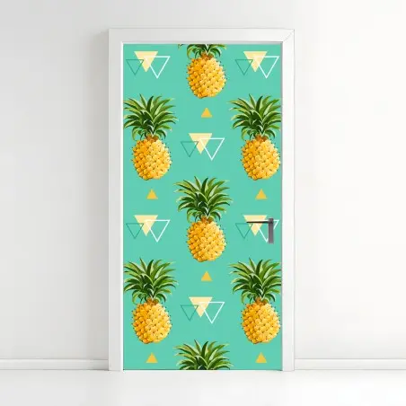 Adesivo per porta motivo ananas tropicale su sfondo turchese • Wallissimo®