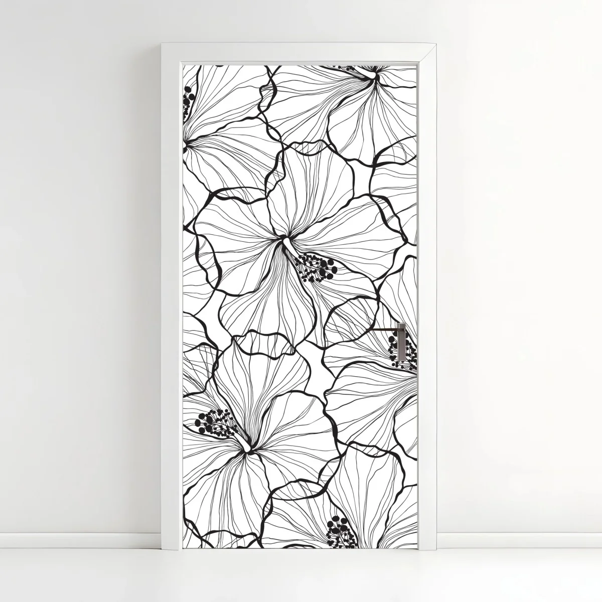 Adesivo per porta motivo floreale a linee sottili in bianco e nero • Wallissimo® Adesivo per porta motivo floreale a linee sottili in bianco e nero • Wallissimo®