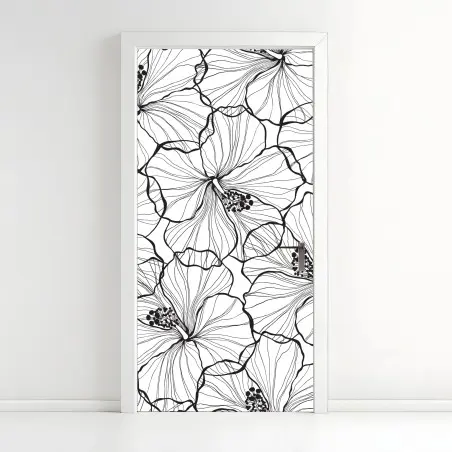 Adesivo per porta motivo floreale a linee sottili in bianco e nero • Wallissimo®