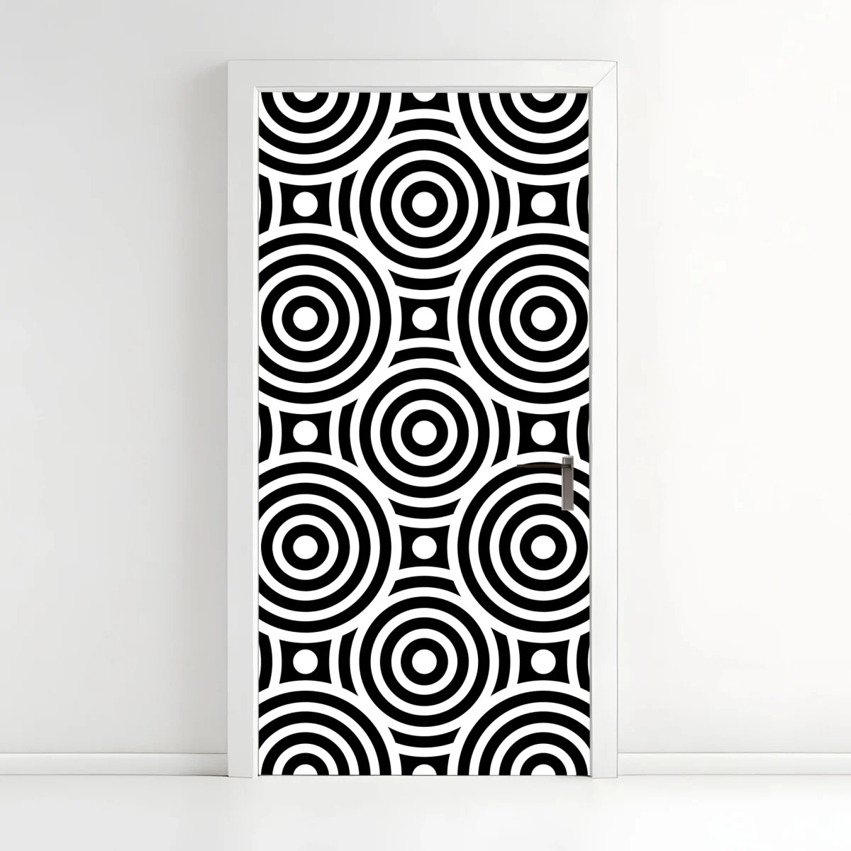 Adesivo per porta motivo optical a cerchi concentrici in bianco e nero • Wallissimo® Adesivo per porta motivo optical a cerchi concentrici in bianco e nero • Wallissimo®