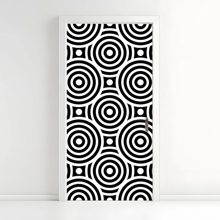 Adesivo per porta motivo optical a cerchi concentrici in bianco e nero • Wallissimo®
