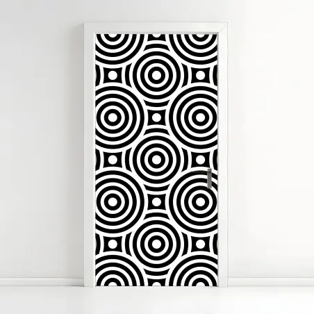 Adesivo per porta motivo optical a cerchi concentrici in bianco e nero • Wallissimo®