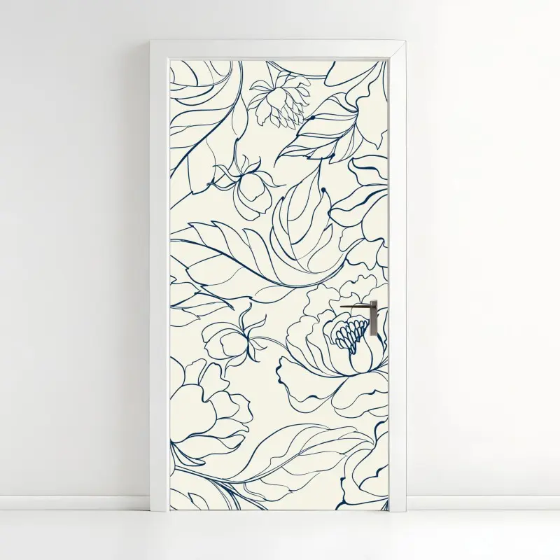 Adesivo per porta elegante motivo floreale blu su fondo crema