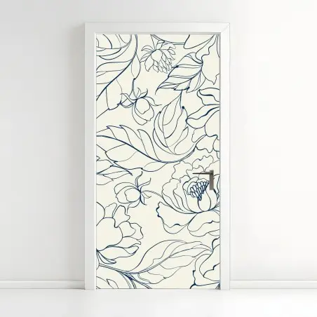 Adesivo per porta elegante motivo floreale blu su fondo crema • Wallissimo®