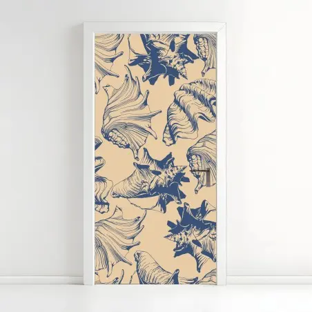 Adesivo per porta motivo conchiglie marino blu e beige • Wallissimo®