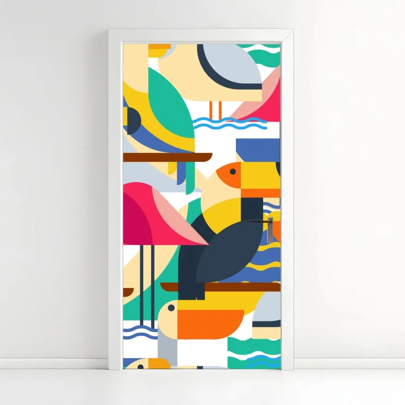 Adesivo per porta uccelli tropicali in stile geometrico