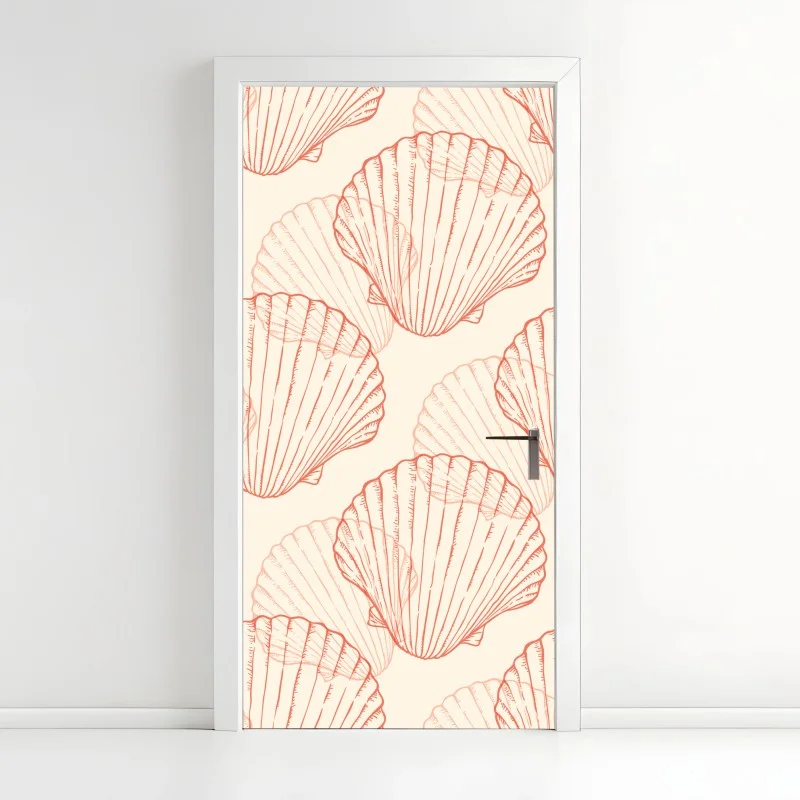 Adesivo per porta motivo di conchiglie corallo su sfondo beige