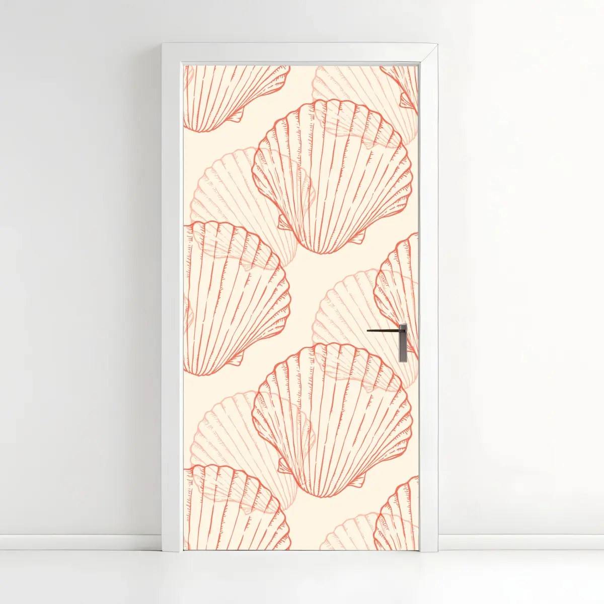 Adesivo per porta motivo di conchiglie corallo su sfondo beige • Wallissimo®