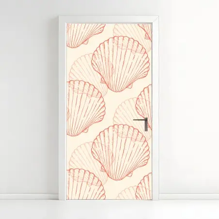 Adesivo per porta motivo di conchiglie corallo su sfondo beige • Wallissimo®