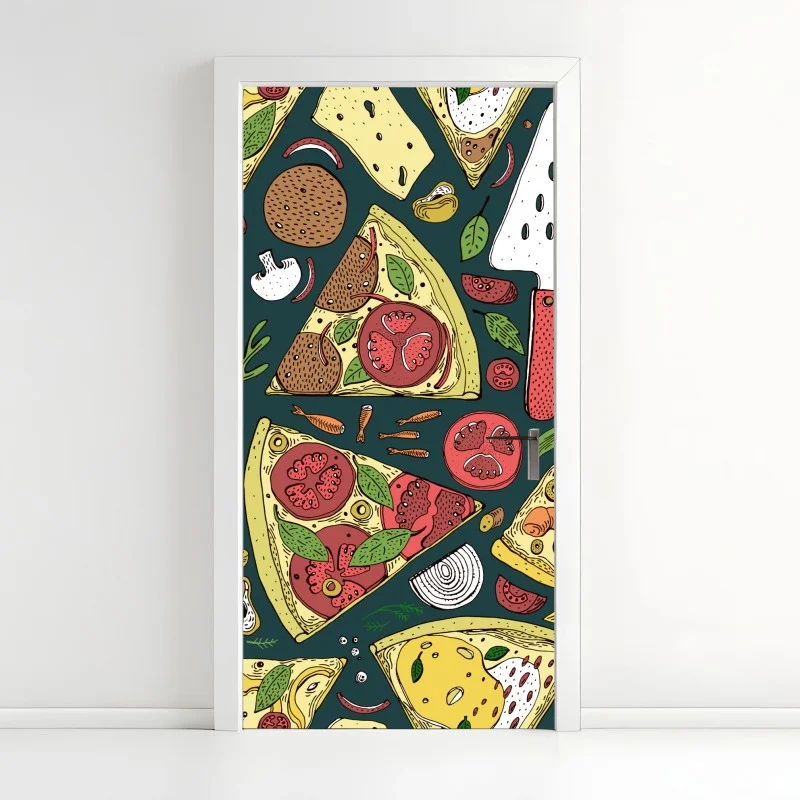 Adesivo per porta motivo pizza illustrata colorata per pareti