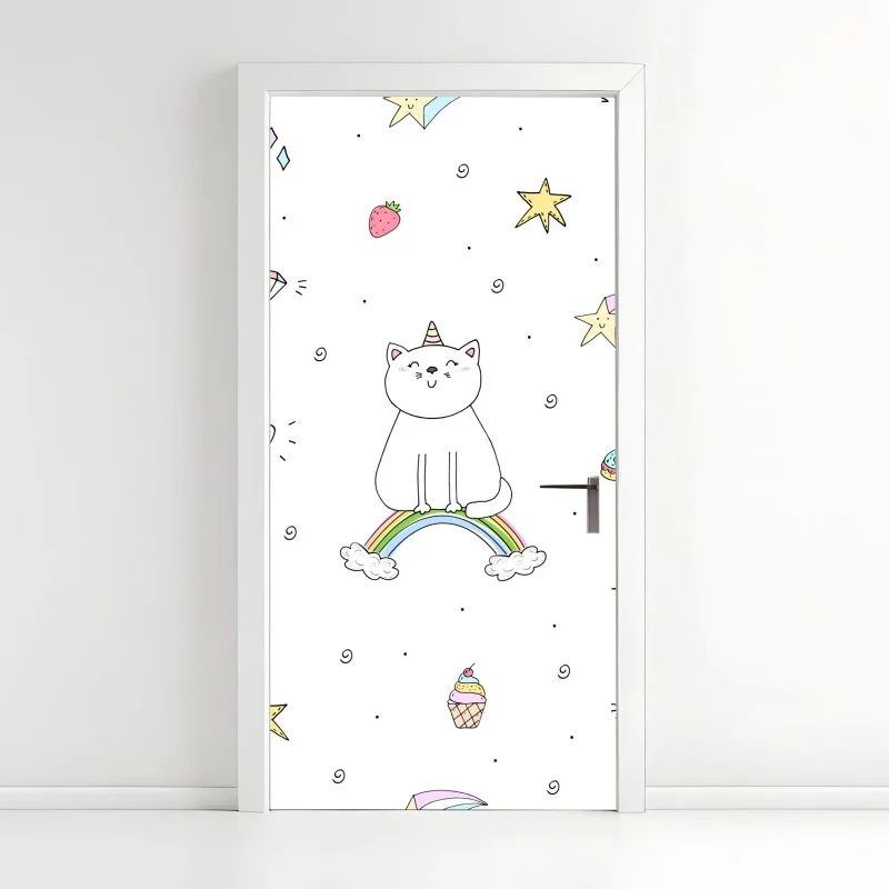 Adesivo per porta gatto arcobaleno in stile kawaii