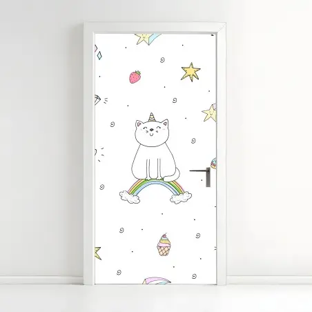 Adesivo per porta gatto arcobaleno in stile kawaii • Wallissimo®