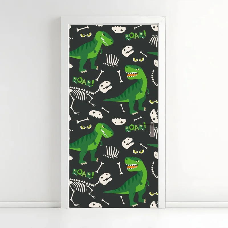 Adesivo per porta dinosauri ruggenti su sfondo scuro