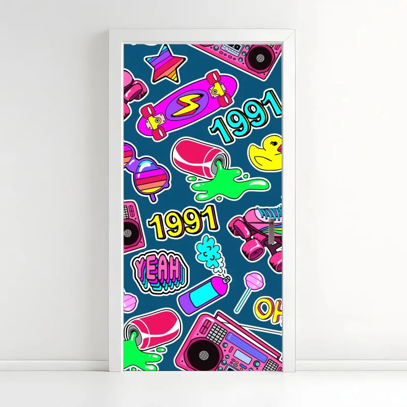 Adesivo per porta motivo pop anni '90 colorato