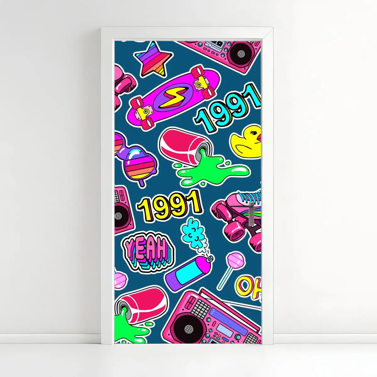 Adesivo per porta motivo pop anni '90 colorato • Wallissimo®