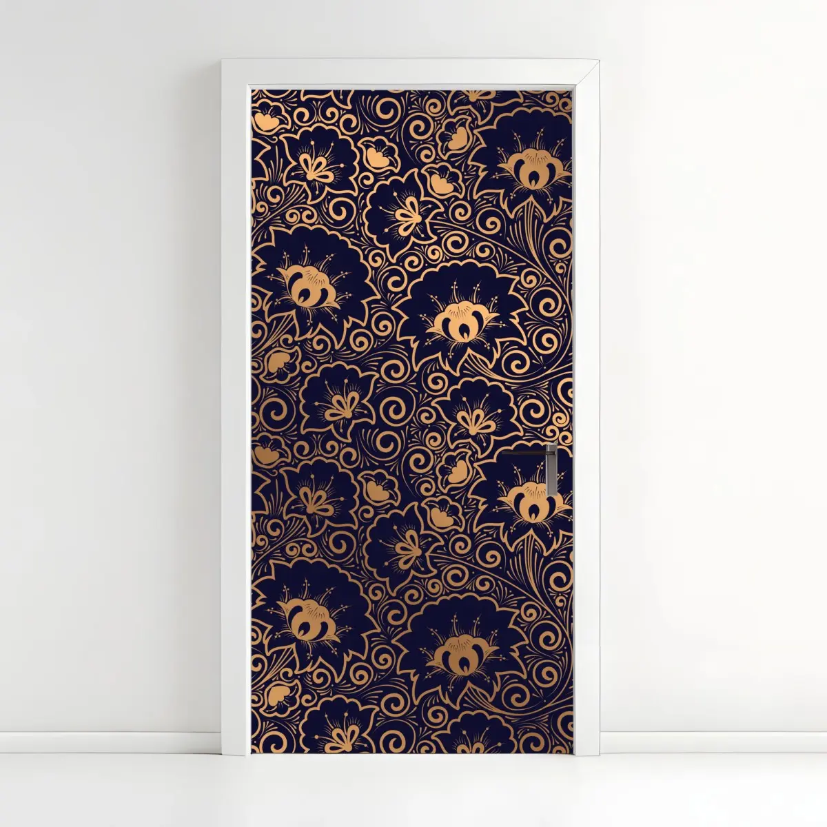 Adesivo per porta motivo floreale ornamentale dorato su sfondo blu notte • Wallissimo®