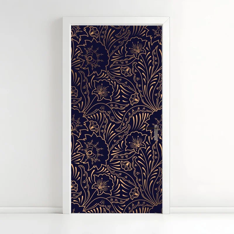 Adesivo per porta motivo floreale elegante in blu notte e oro