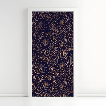 Adesivo per porta motivo floreale elegante in blu notte e oro • Wallissimo®