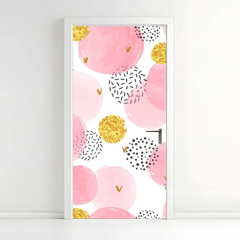 Adesivo per porta motivo a pallini rosa acquerello e glitter oro