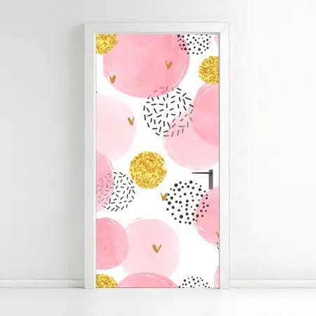 Adesivo per porta motivo a pallini rosa acquerello e glitter oro • Wallissimo®