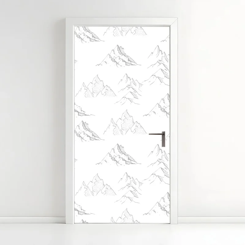 Adesivo per porta motivo montagne disegnate a mano in bianco e nero