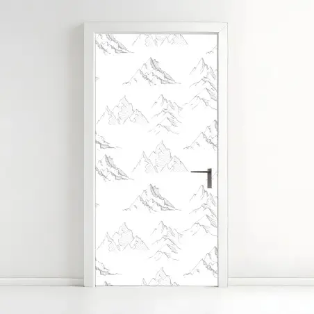 Adesivo per porta motivo montagne disegnate a mano in bianco e nero • Wallissimo®