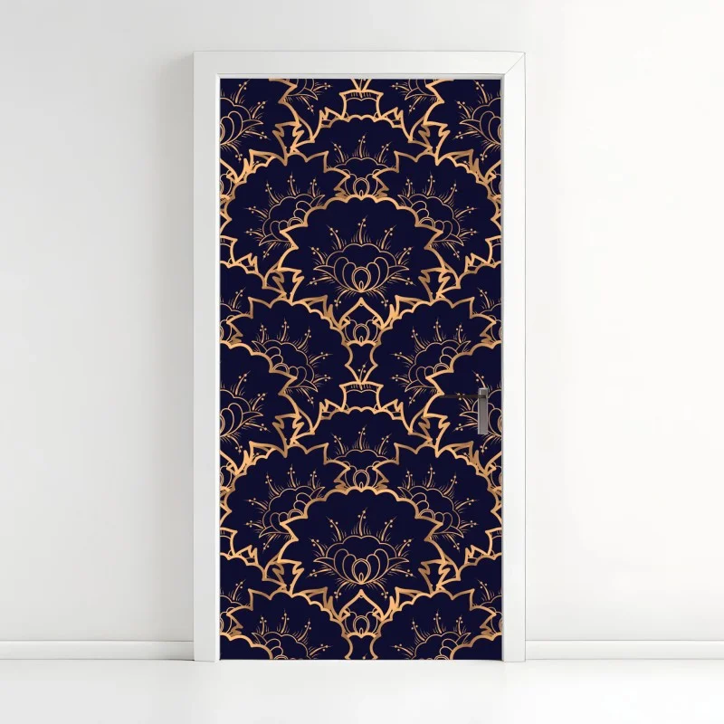Adesivo per porta eleganza ornamentale dorata su blu notte
