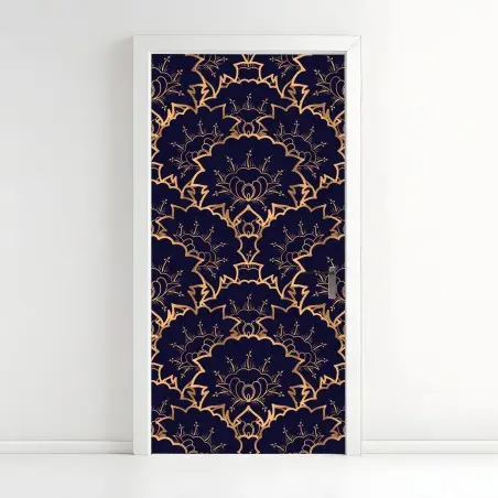 Adesivo per porta eleganza ornamentale dorata su blu notte • Wallissimo®