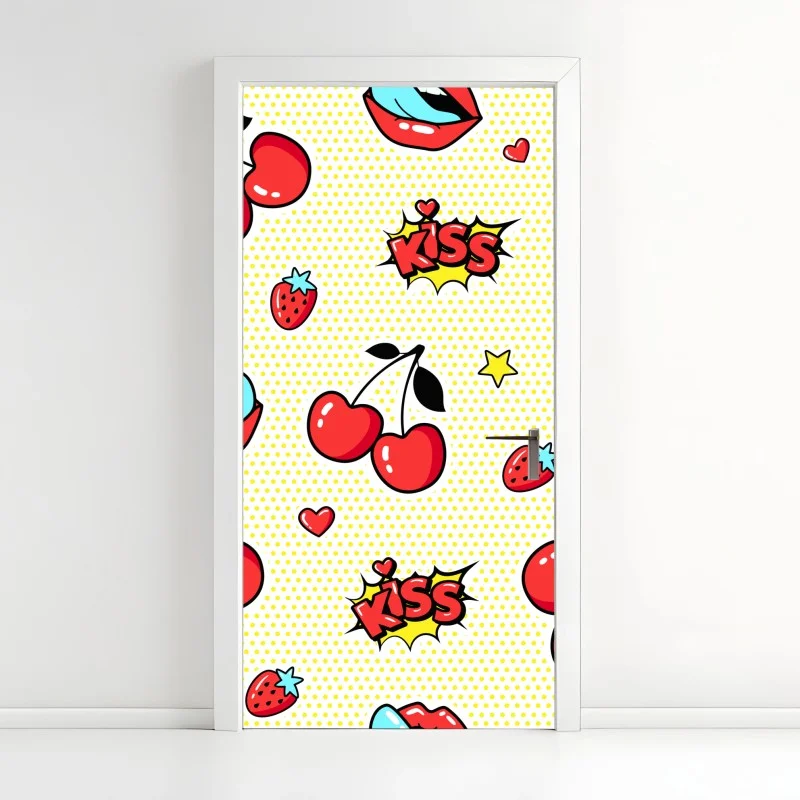 Adesivo per porta motivo pop art ciliegie e labbra