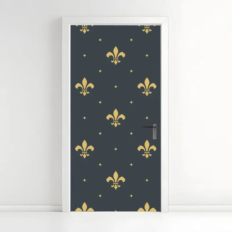 Adesivo per porta elegante motivo a gigli dorati su fondo blu