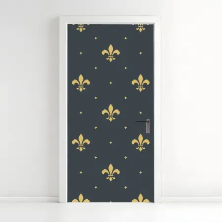 Adesivo per porta elegante motivo a gigli dorati su fondo blu • Wallissimo®