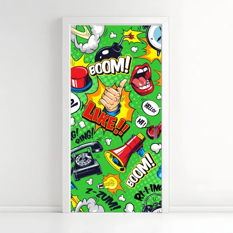 Adesivo per porta esplosione pop art di icone di comunicazione colorata