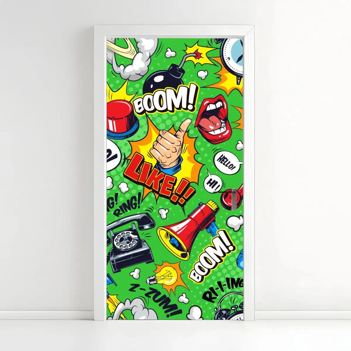Adesivo per porta esplosione pop art di icone di comunicazione colorata • Wallissimo®