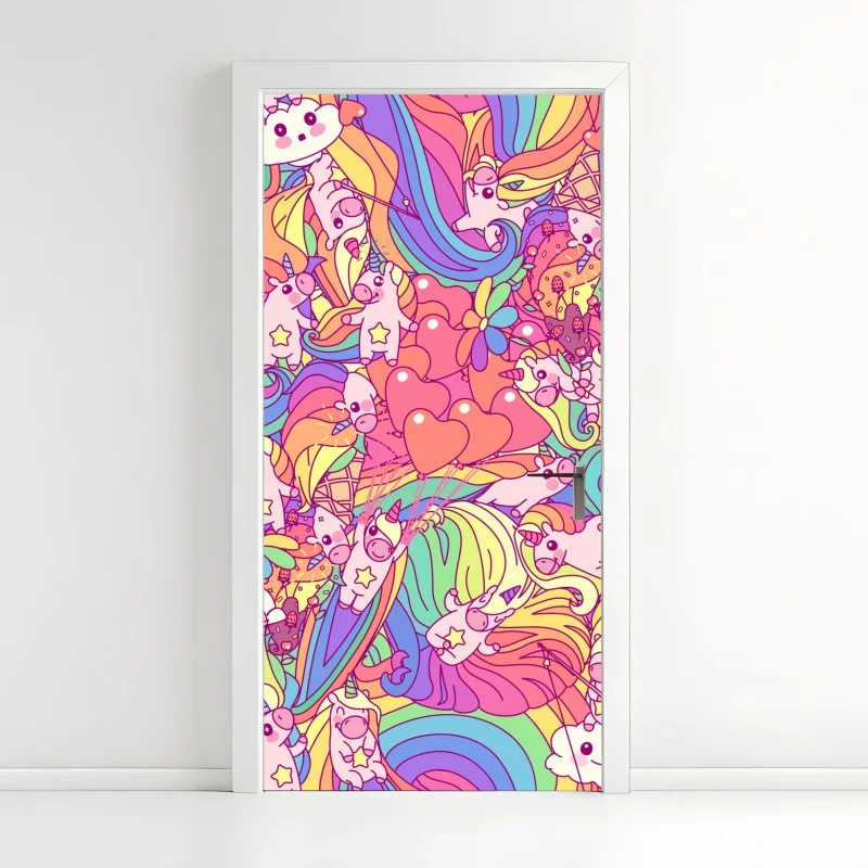 Adesivo per porta pattern di unicorni e arcobaleni kawaii
