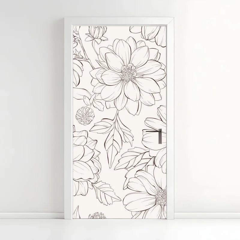 Adesivo per porta motivo floreale a linee sottili su sfondo chiaro